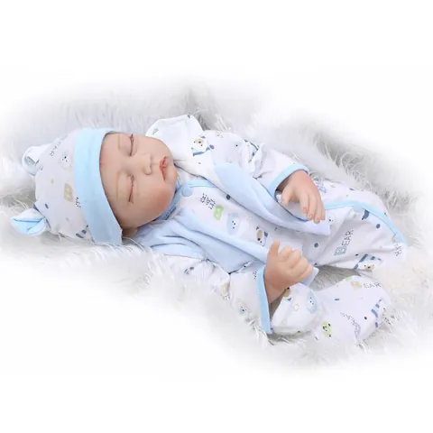 Bambola Reborn Realistica in Morbido Silicone Neonato che Dorme con Vestiti a Motivo di Orso Biberon e Ciuccio Giocattolo