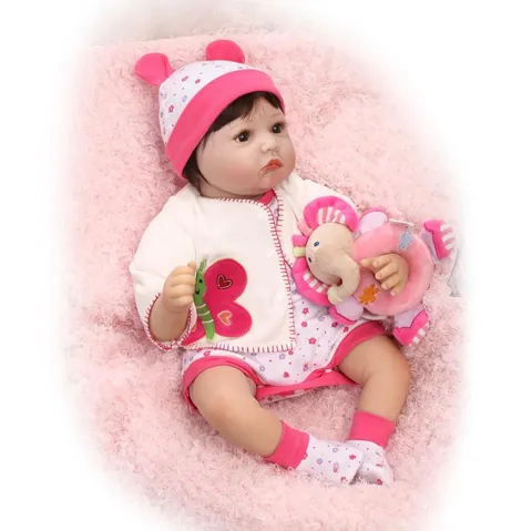 Poupée Reborn Réaliste Avec Tête Membres en Silicone Corps en Tissu Doux Tenue Papillon Rose Peluche Éléphant Cadeau Fille