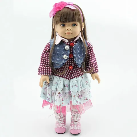 Simulation Girl Doll Fashion Play Toy With Brown Hair Denim Vest Plaid Shirt Floral Skirt Pink Boots Posable Doll Toy Gift For Kids