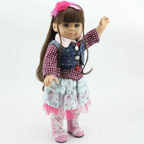 Simulation Girl Doll Fashion Play Toy With Brown Hair Denim Vest Plaid Shirt Floral Skirt Pink Boots Posable Doll Toy Gift For Kids