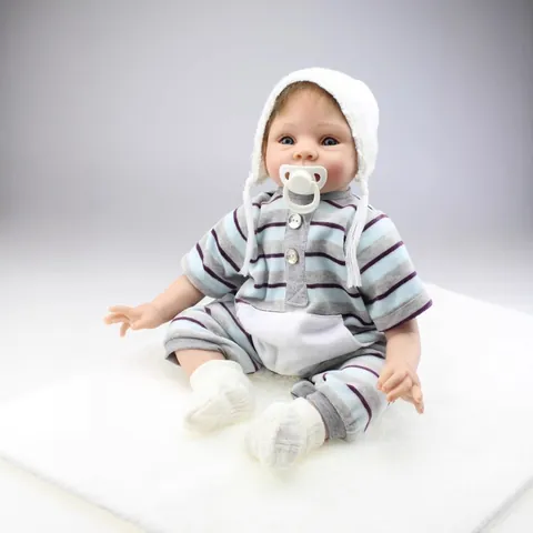 Realistische 55cm Reborn Babypuppe Weicher Silikon Stoffkörper Lebensechte Handgefertigte Neugeborene Spielzeug Mit Gestreifter Kleidung Schnuller