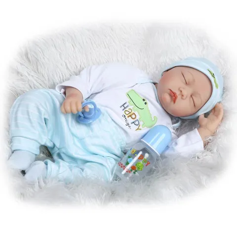 Realistic Reborn Baby Doll Soft Silicone Vinyl Sleeping Newborn Boy Toy Blue Striped Clothing Nursing Accessories