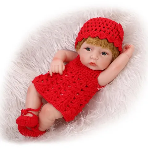 Mini Reborn Baby Doll Full Body Silicone Vinyl Washable Realistic Simulation Newborn Doll With Red Knit Outfit Hat Shoes