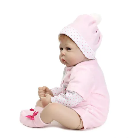 Realistic Reborn Baby Doll Silicone Cloth Body Simulation Newborn Doll Pink Penguin Outfit With White Hanging Cradle Set