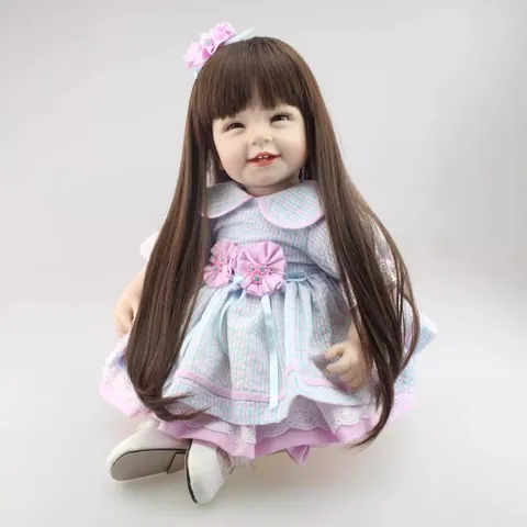 Muñeca Reborn Realista Muñeca de Simulación Niña con Cabello Largo Marrón Vestido Cuadros Encaje Hecho a Mano