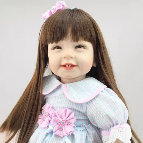 Muñeca Reborn Realista Muñeca de Simulación Niña con Cabello Largo Marrón Vestido Cuadros Encaje Hecho a Mano