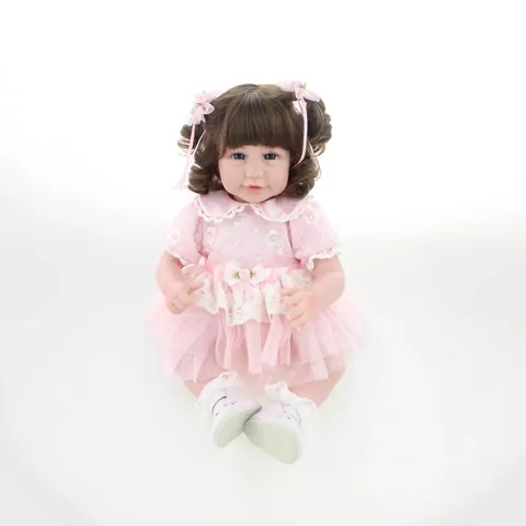 Realistic Reborn Baby Doll 20 Inch Soft Cloth Body Lifelike Vinyl Silicone Princess Girl Pink Lace Dress Brown Hair Toy