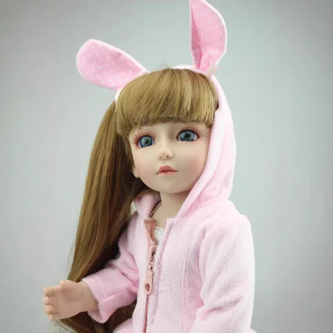 Realistic 45cm BJD Baby Doll For Girls With Pink Rabbit Hoodie Outfit Jointed Plastic Toy Doll Collectible Gift Toddler Doll