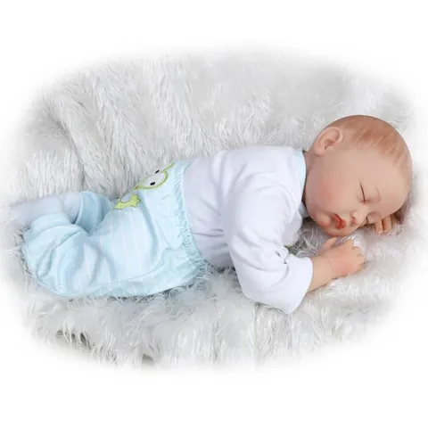 Realistic Reborn Baby Doll Soft Silicone Vinyl Sleeping Newborn Boy Toy Blue Striped Clothing Nursing Accessories
