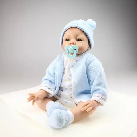 Muñeca Bebé Reborn Realista De Vinilo De Silicona Suave Y Cuerpo De Algodón Hecha A Mano Realista Juguete Para Niña Recién Nacida Con Traje De Punto Azul Pelele Calcetines Chupete