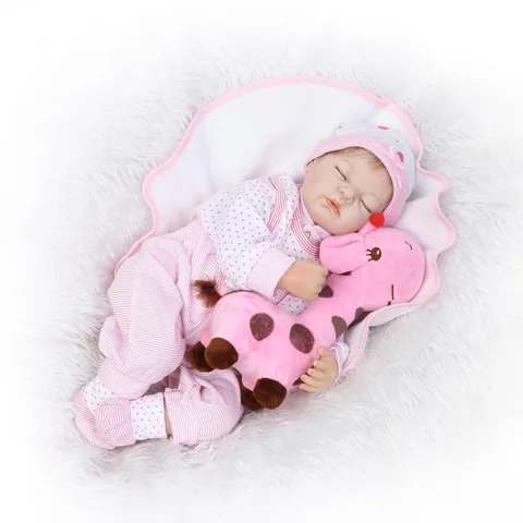 Realistic Reborn Baby Doll Sleeping Silicone Vinyl Girl Pink Striped Outfit And Plush Giraffe Toy Gift For Kids