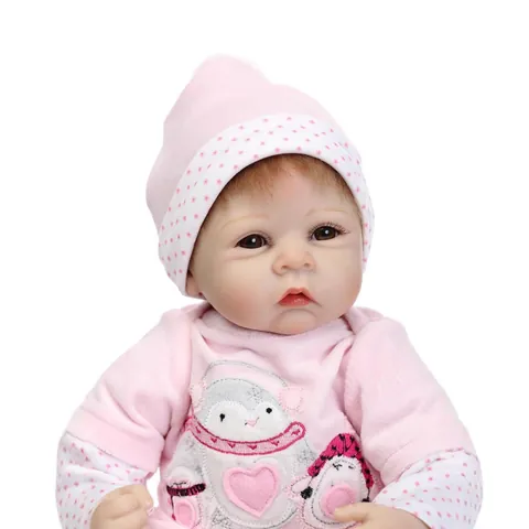 Realistic Reborn Baby Doll Silicone Cloth Body Simulation Newborn Doll Pink Penguin Outfit With White Hanging Cradle Set
