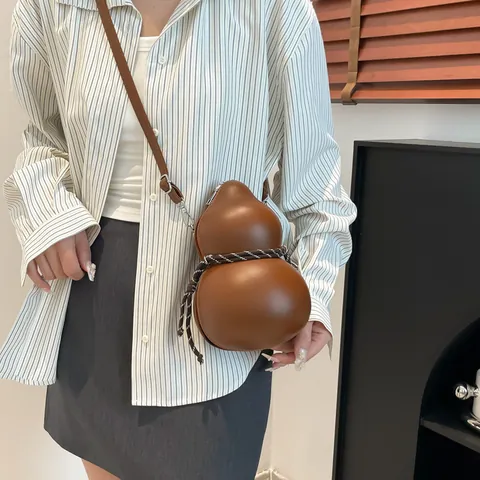 Gourd Shaped PU Leather Crossbody Bag Unique Trendy Designer Single Shoulder Bag For Women Men With Braided Rope Decor Casual Travel Personalized Small Backpack