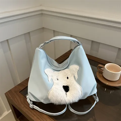 Damen PU Leder Schultertasche Plüsch Schnauzer Hund Aufnäher Große Kapazität Tote Bag Casual Pendler Handtasche