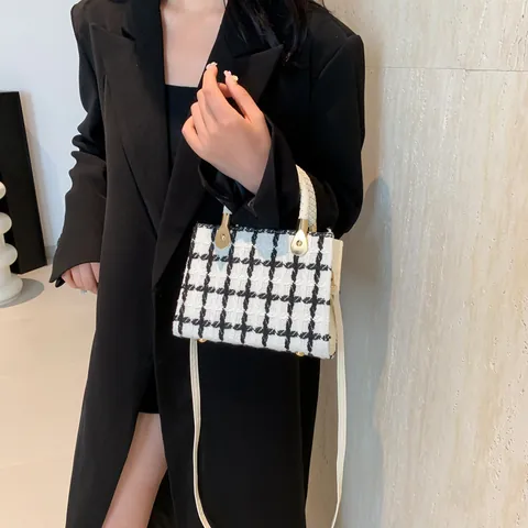 Borsa a Spalla in Tweed da Donna Elegante Borsa a Mano Piccola Quadrata Con Filo d'Oro Manico Intrecciato Borsa a Tracolla per Festa Casa Ufficio