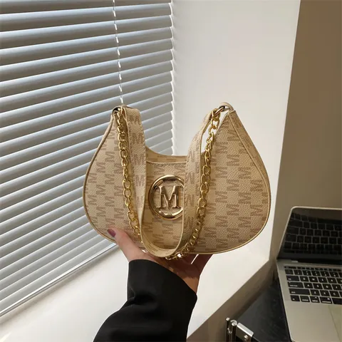 Hobo Bag For Women PU Leather Monogram Pattern Gold Chain Half Moon Underarm Crossbody Handbag Chic Commuter