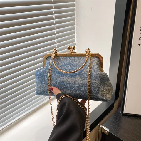 Vintage Women Denim Glitter Shell Bag Gold Kiss Lock Handbag With Metal Chain Strap Retro Evening Crossbody Bag Elegant Party Purse