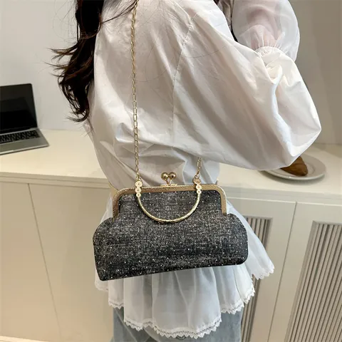 Vintage Women Denim Glitter Shell Bag Gold Kiss Lock Handbag With Metal Chain Strap Retro Evening Crossbody Bag Elegant Party Purse