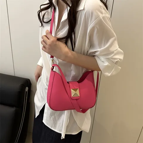 Women Minimalist PU Leather Underarm Bag Fashion Single Shoulder Crossbody Bag Square Metal Buckle Half Moon Hobo Purse