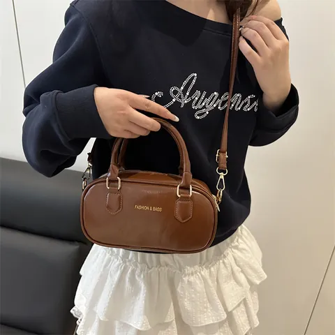 Retro Mini PU Leather Boston Bag For Women Fashion Letter Print Handbag Small Square Shoulder Crossbody Bag With Gold Hardware
