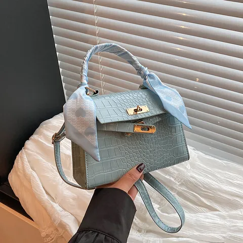 Elegante Dames PU-Leren Handtas Met Krokodillenpatroon Zijden Sjaal Handvat Gouden Slot Crossbody Schoudertas Voor Dagelijks