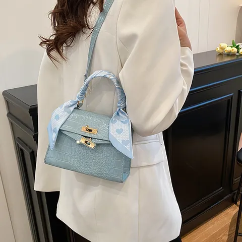 Elegante Dames PU-Leren Handtas Met Krokodillenpatroon Zijden Sjaal Handvat Gouden Slot Crossbody Schoudertas Voor Dagelijks