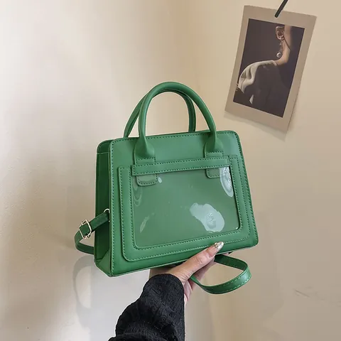 Women PU Leather Transparent PVC Window Crossbody Handbag Minimalist Solid Color Small Square Top Handle Bag Adjustable Strap