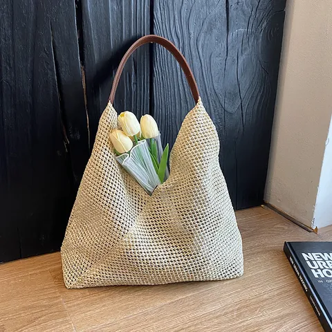 Damen Stroh Gewebte Tote Bag Große Kapazität Sommer Strand Schultertasche Mit PU Ledergriff Minimalistische Lässige Handtasche