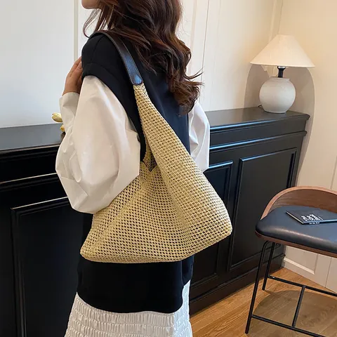 Damen Stroh Gewebte Tote Bag Große Kapazität Sommer Strand Schultertasche Mit PU Ledergriff Minimalistische Lässige Handtasche