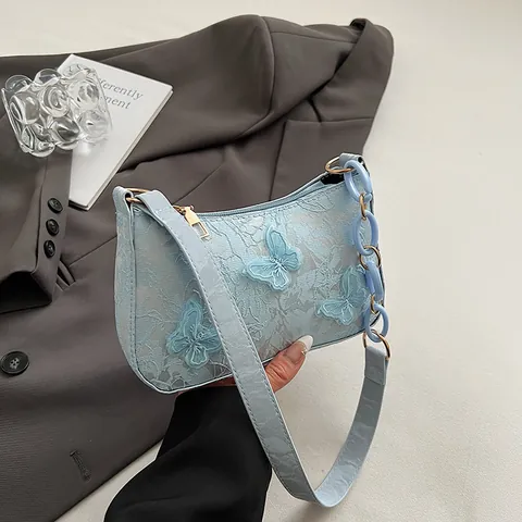 Dames Vlinder Borduurwerk Schoudertas Kant Bloemen 3D Vlinder Onderarmtas Met Hars Ketting Riem Elegante Handtas