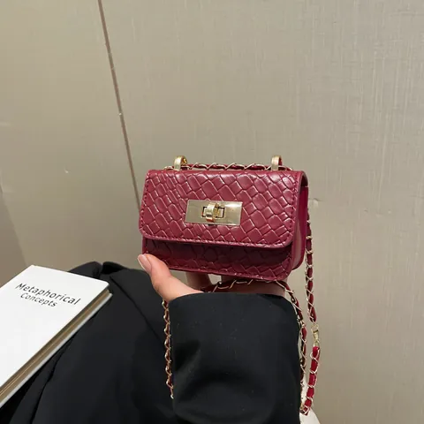 Mini Borsa a Tracolla in Pelle PU Intrecciata da Donna Moda Piccola Borsa Quadrata Con Serratura in Metallo Oro e Catena