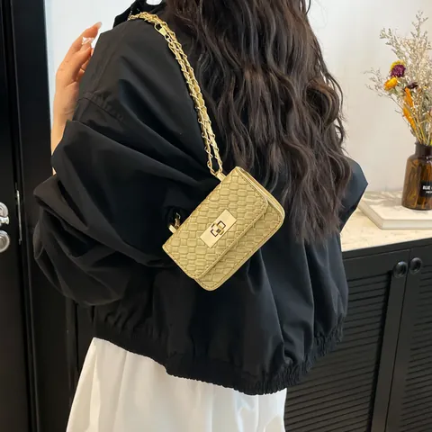 Mini Borsa a Tracolla in Pelle PU Intrecciata da Donna Moda Piccola Borsa Quadrata Con Serratura in Metallo Oro e Catena