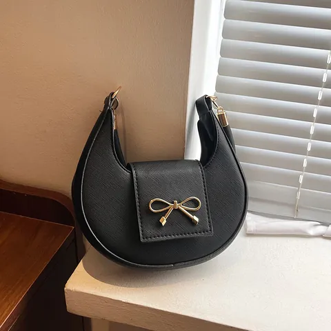 French Style Bowknot Crescent Underarm Bag For Women PU Leather Cross Grain Texture Elegant Small Shoulder Bag Handbag