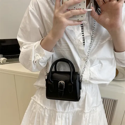 Vintage PU Leather Mini Top Handle Bag For Women Fashion Crossbody Bag With Silver Chain Strap And Decorative Buckle Flap