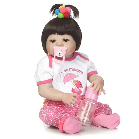 Realistic Reborn Baby Doll Silicone Lifelike Newborn Girl Doll With Brown Hair Pink Outfit Pacifier Milk Bottle For Kids Gift