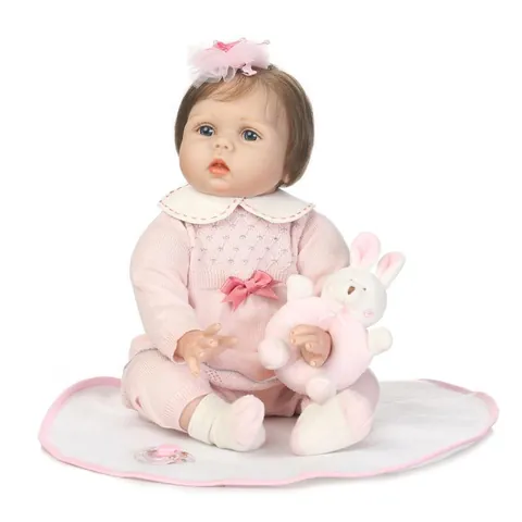 Poupée Reborn Baby Réaliste Membres en Silicone Souple Corps en Coton Cheveux Enracinés à la Main Tenue en Tricot Rose Accessoires pour Collection Éducation Cadeau Enfants