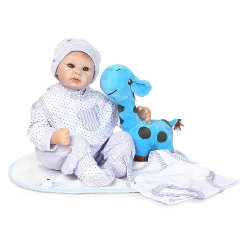 Bambola Reborn Realistica in Vinile di Silicone Morbido Corpo in Stoffa Neonata Con Vestito a Righe Blu Giocattolo Giraffa
