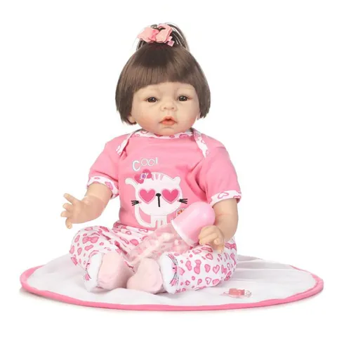 Realistic Reborn Baby Doll Soft Silicone Vinyl Cloth Body Lifelike Handmade Newborn Doll With Clothes Accessories Pink Cat Pattern