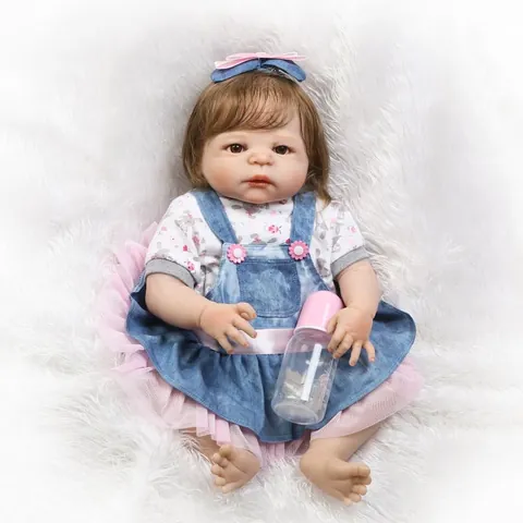 Realistic Reborn Baby Doll Full Silicone Vinyl Body Girl Bath Toy With Floral Dress Bow Headband Milk Bottle Reborn Doll