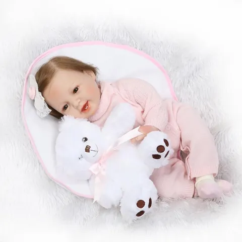 Realistic Simulation Reborn Baby Doll Soft Silicone Cotton Body Lifelike Newborn Girl Doll With Pink Outfit Headband Teddy Bear Toy For Kids Birthday Gift