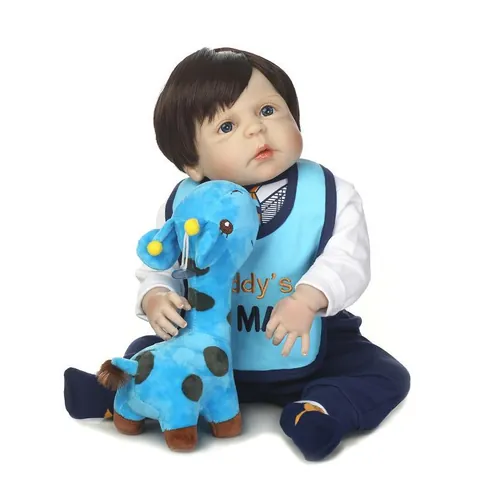 Realistic Reborn Baby Doll Full Silicone Vinyl Washable Boy Doll Blue Outfit Giraffe Toy Lifelike Newborn Infant Toy Gift