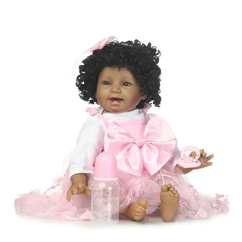 Realistic Reborn Baby Doll Dark Skin African American Silicone Vinyl Pink Lace Dress With Milk Bottle Pacifier Toy Gift