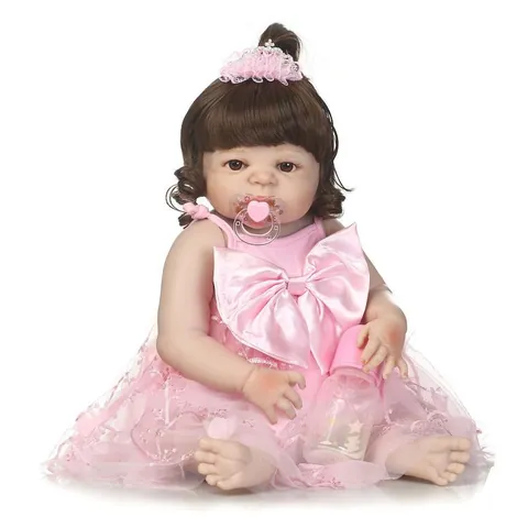 Poupée Reborn Réaliste en Silicone Jouet Fille Robe Dentelle Rose Biberon Sucette Texture Peau Douce Cadeau Enfant