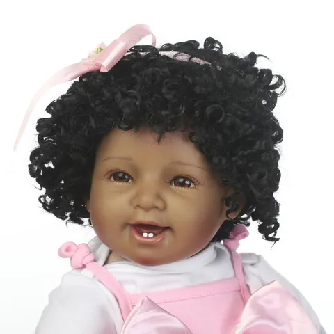 Realistic Reborn Baby Doll Dark Skin African American Silicone Vinyl Pink Lace Dress With Milk Bottle Pacifier Toy Gift