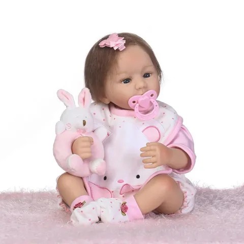 Realistische Reborn Babypop Zachte Siliconen Katoenen Lichaam Roze Stippen Outfit Met Pluche Konijn En Speen