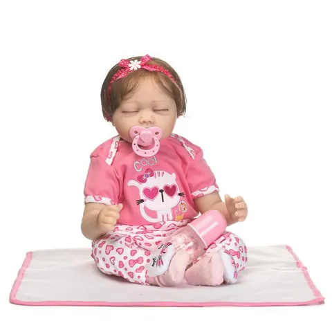 Realistic Reborn Baby Doll Silicone Cotton Body Sleeping Girl In Pink Cat Clothes With Milk Bottle Pacifier Mat Toy Gift