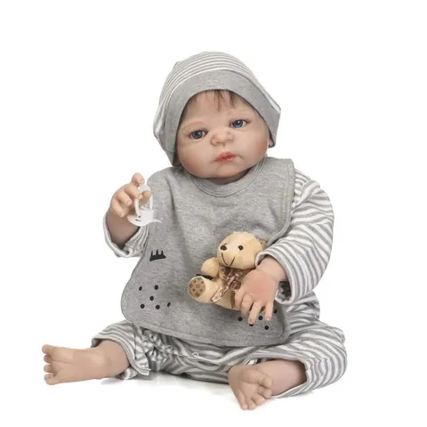 Realistische Vollsilikon Reborn Baby Puppe Waschbare Lebensechte Neugeborene Jungen Puppe Mit Gestreifter Kleidung Bär Geschenk