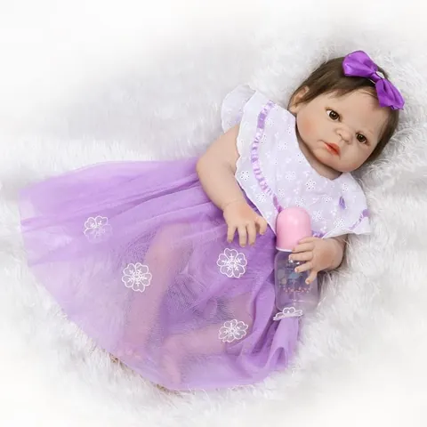 Πλήρης Σιλικόνη Reborn Baby Doll Ρεαλιστική Ζωντανή Πλενόμενη Κούκλα Κορίτσι Μωβ Δαντελένιο Φόρεμα Αξεσουάρ Παιδικό Δώρο
