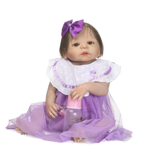 Πλήρης Σιλικόνη Reborn Baby Doll Ρεαλιστική Ζωντανή Πλενόμενη Κούκλα Κορίτσι Μωβ Δαντελένιο Φόρεμα Αξεσουάρ Παιδικό Δώρο