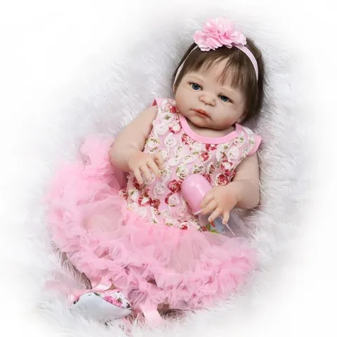 Realistic Full Silicone Reborn Baby Doll For Girls With Pink Floral Tutu Dress Flower Headband Feeding Bottle Shoes Simulation Newborn Baby Toy